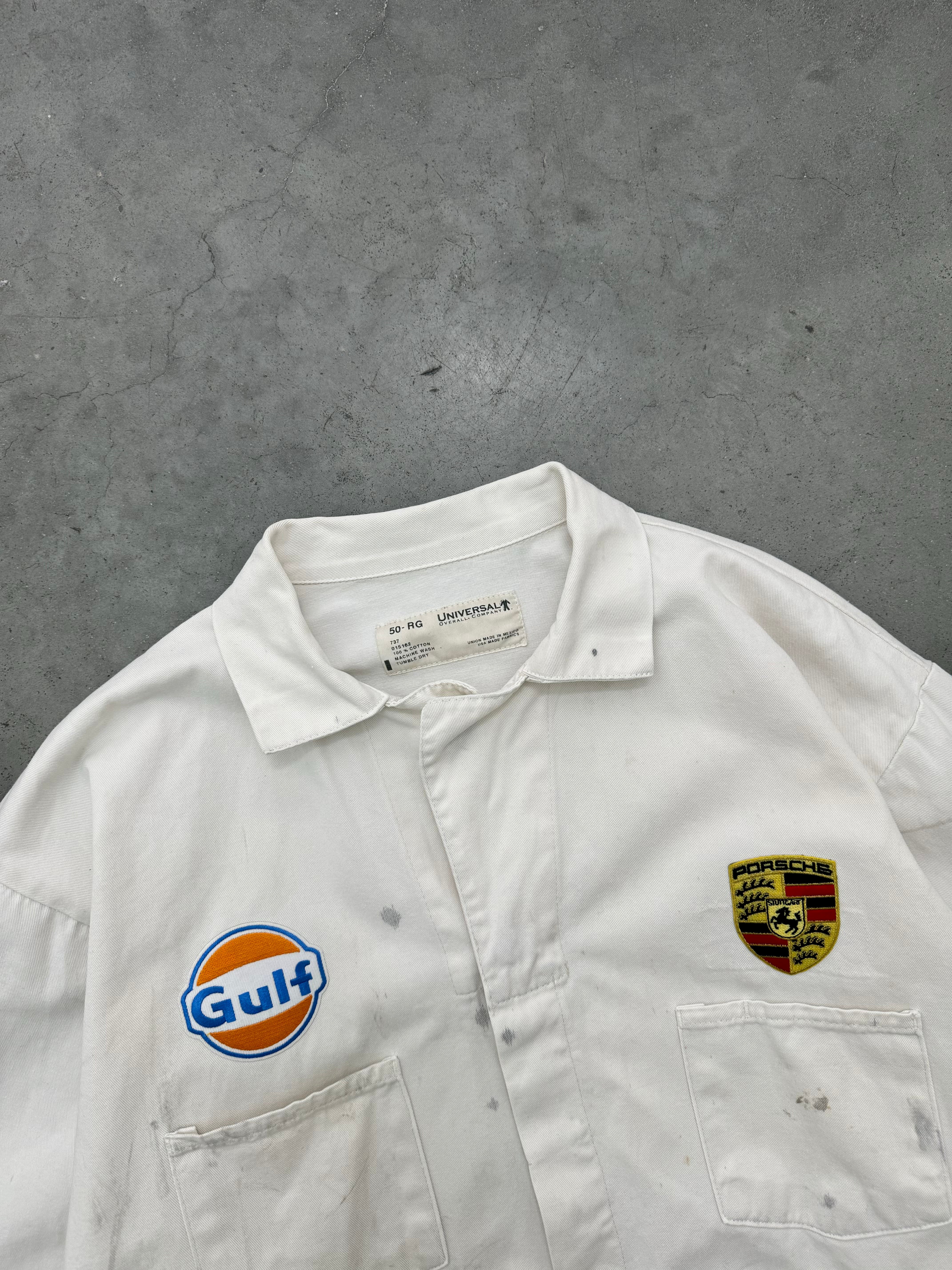 DISTRESSED FADED BONE WHITE PORSCHE MECHANIC JACKET - 1980S