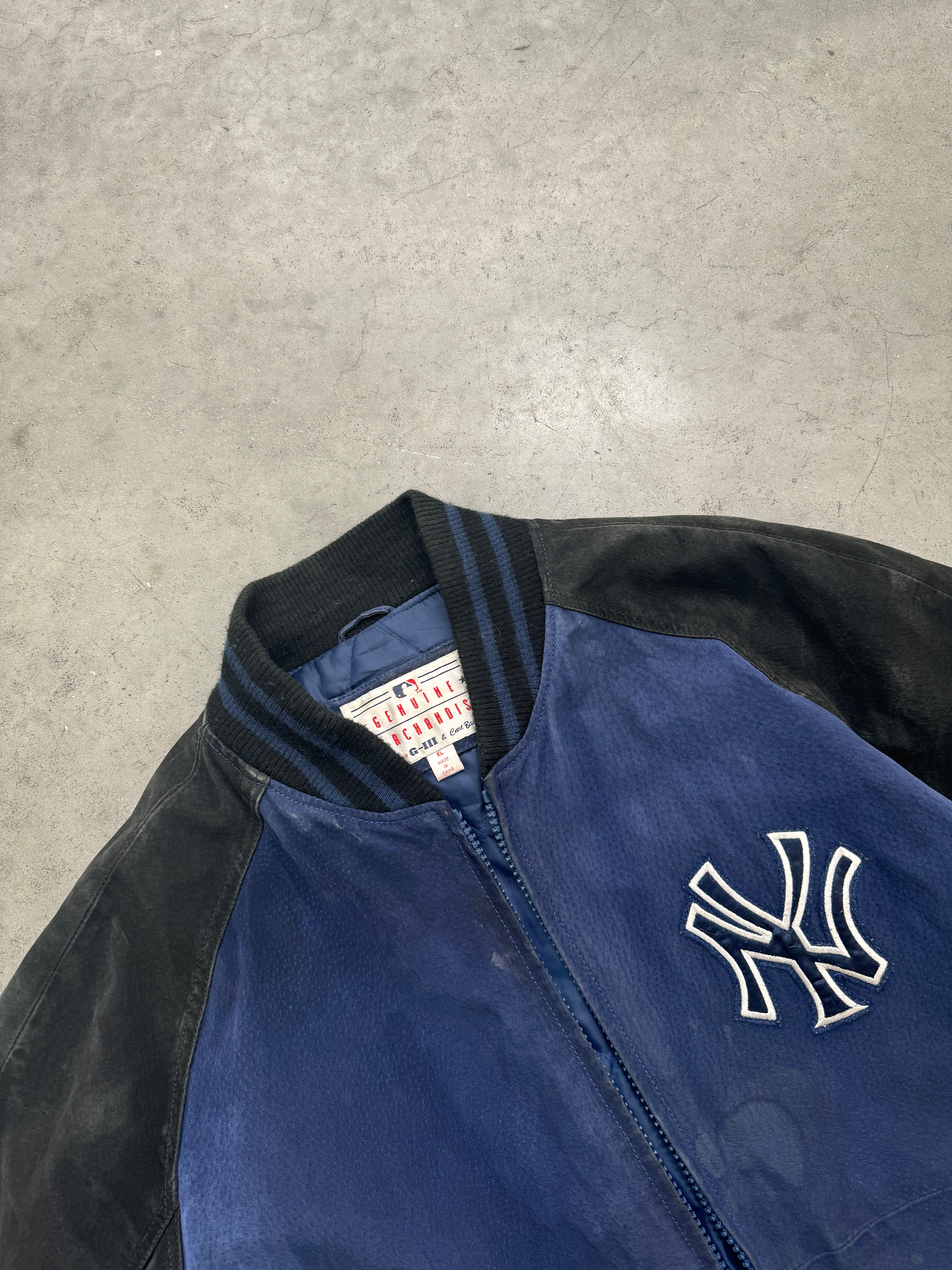 FADED MIDNIGHT BLUE NEW YORK YANKEES SUEDE BOMBER JACKET - 1980S