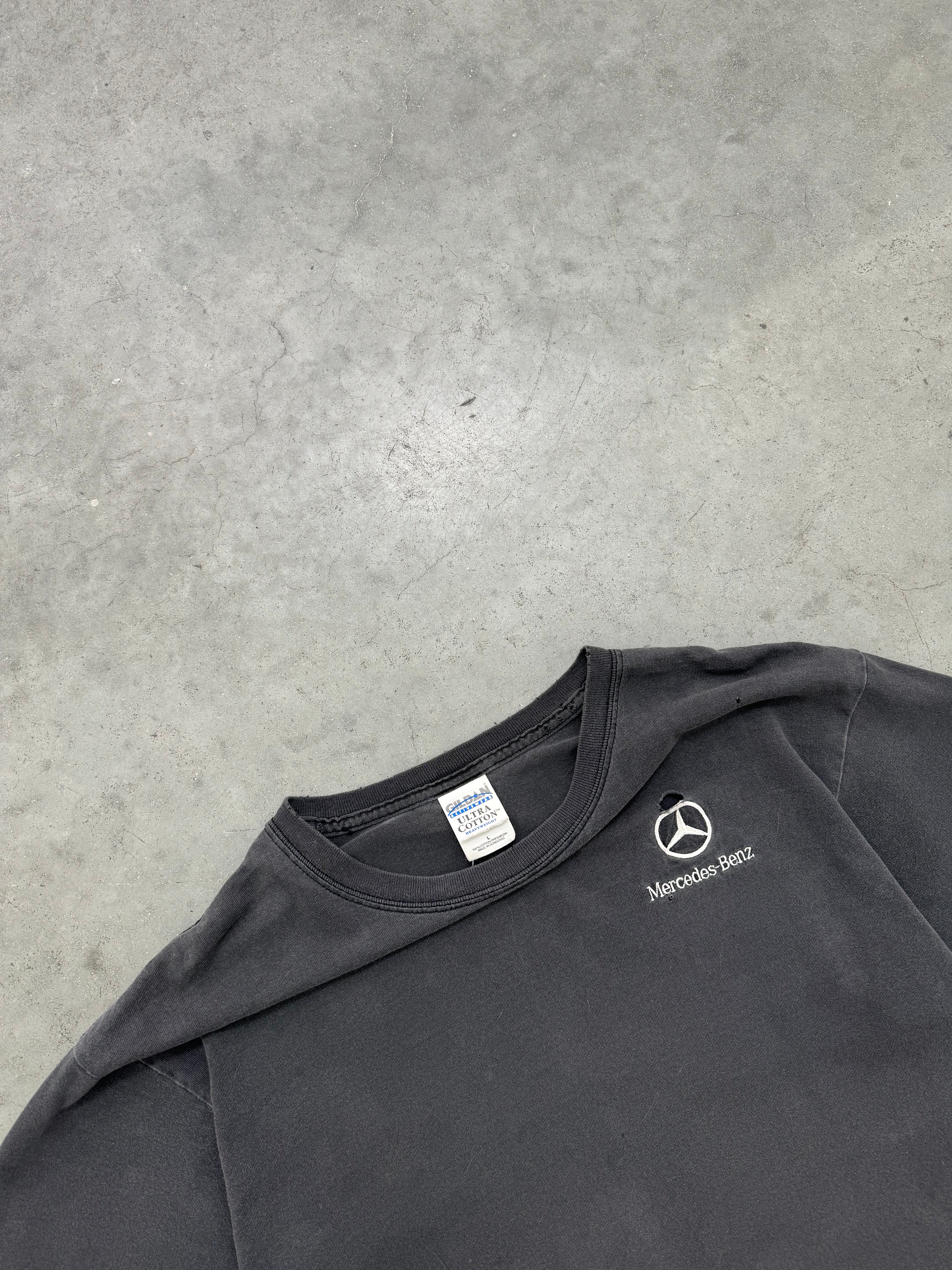 FADED BLACK & DISTRESSED "MERCEDES BENZ" EMBLEM TEE - 1990S