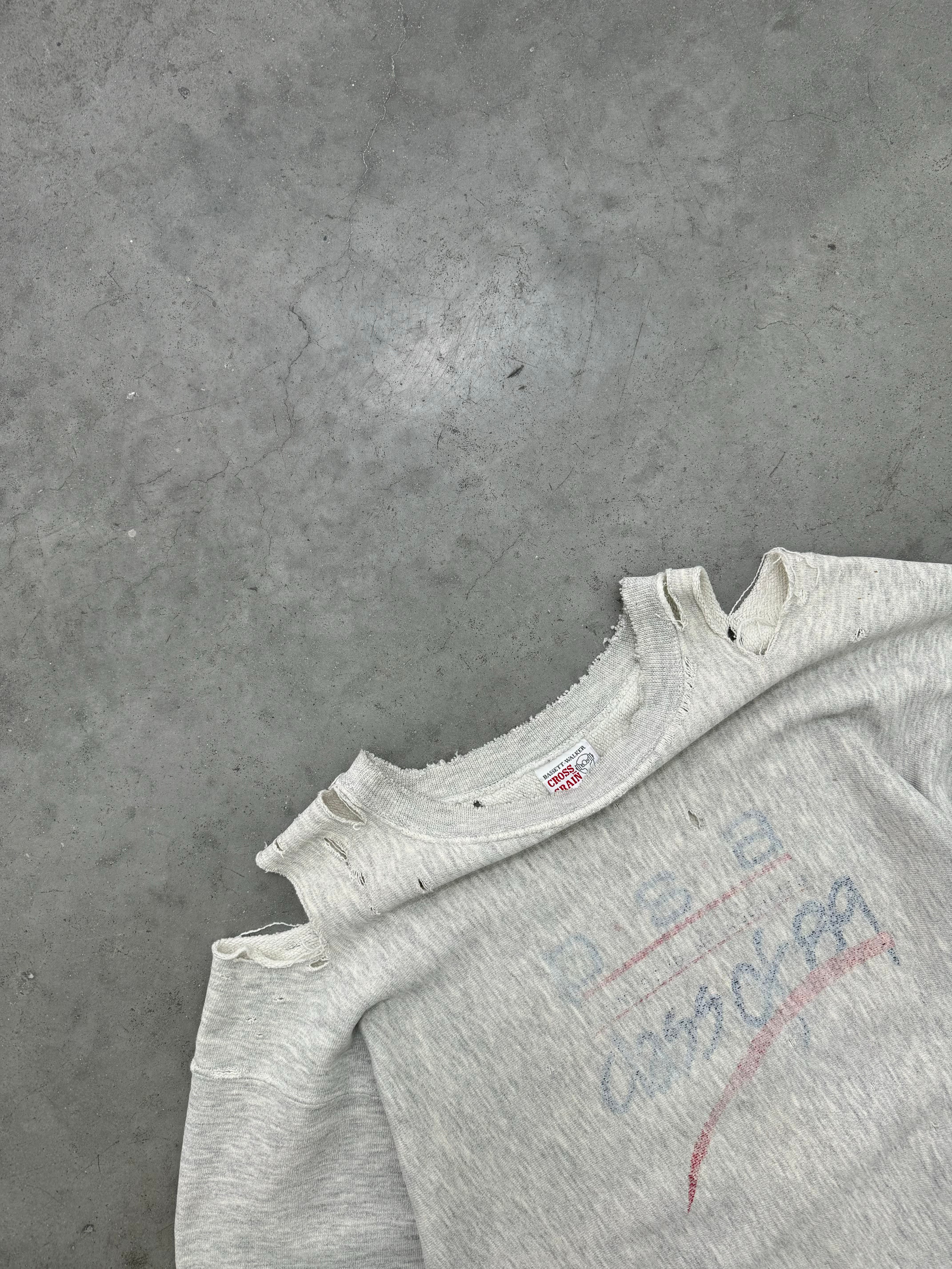 DISTRESSED CROSS GRAIN HEATHER  REVERSE WEAVE CREWNECK - 1980S