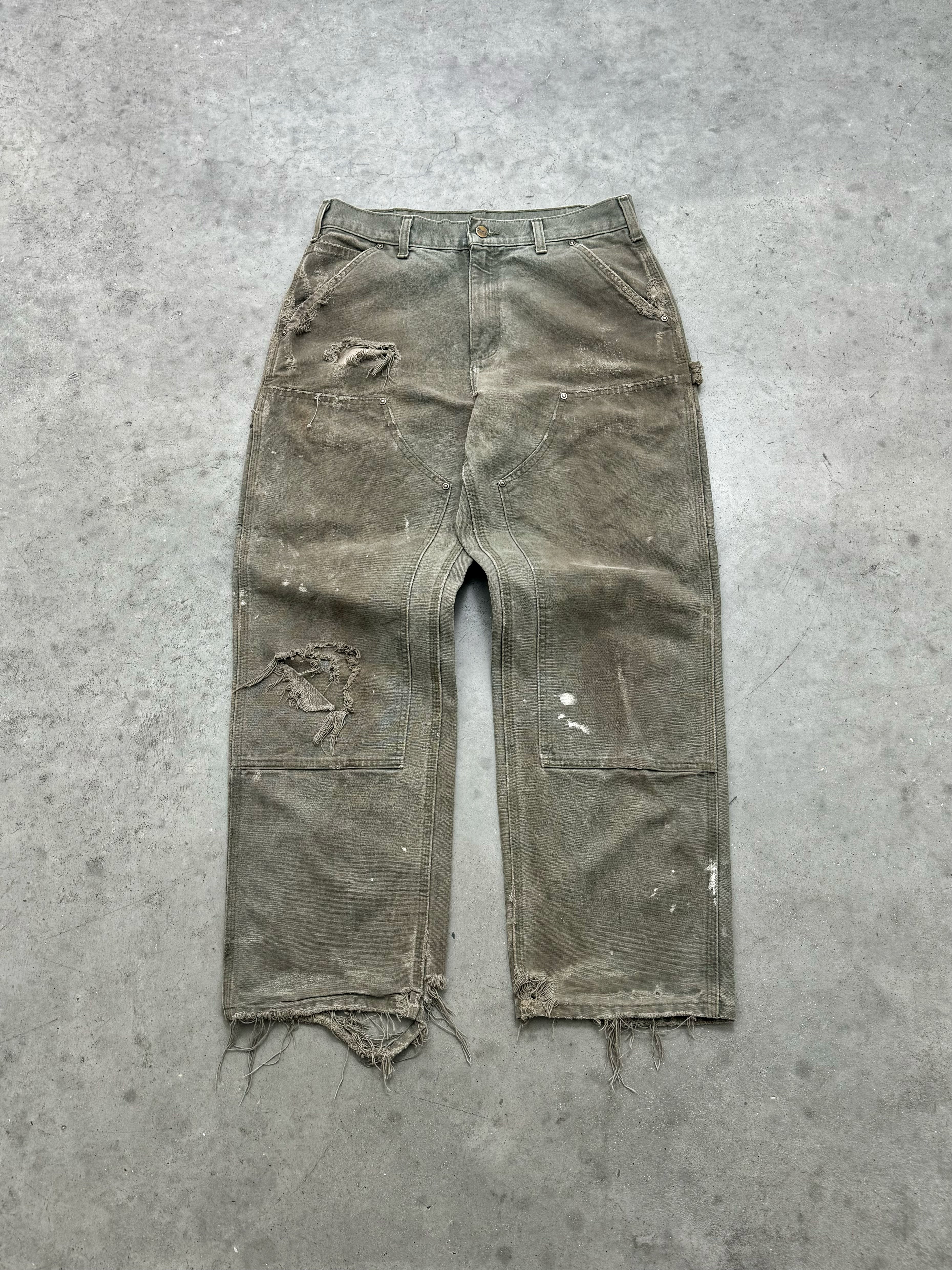 FADED OLIVE & DISTRESSED CARHARTT DOUBLE KNEE PANTS - 1990S