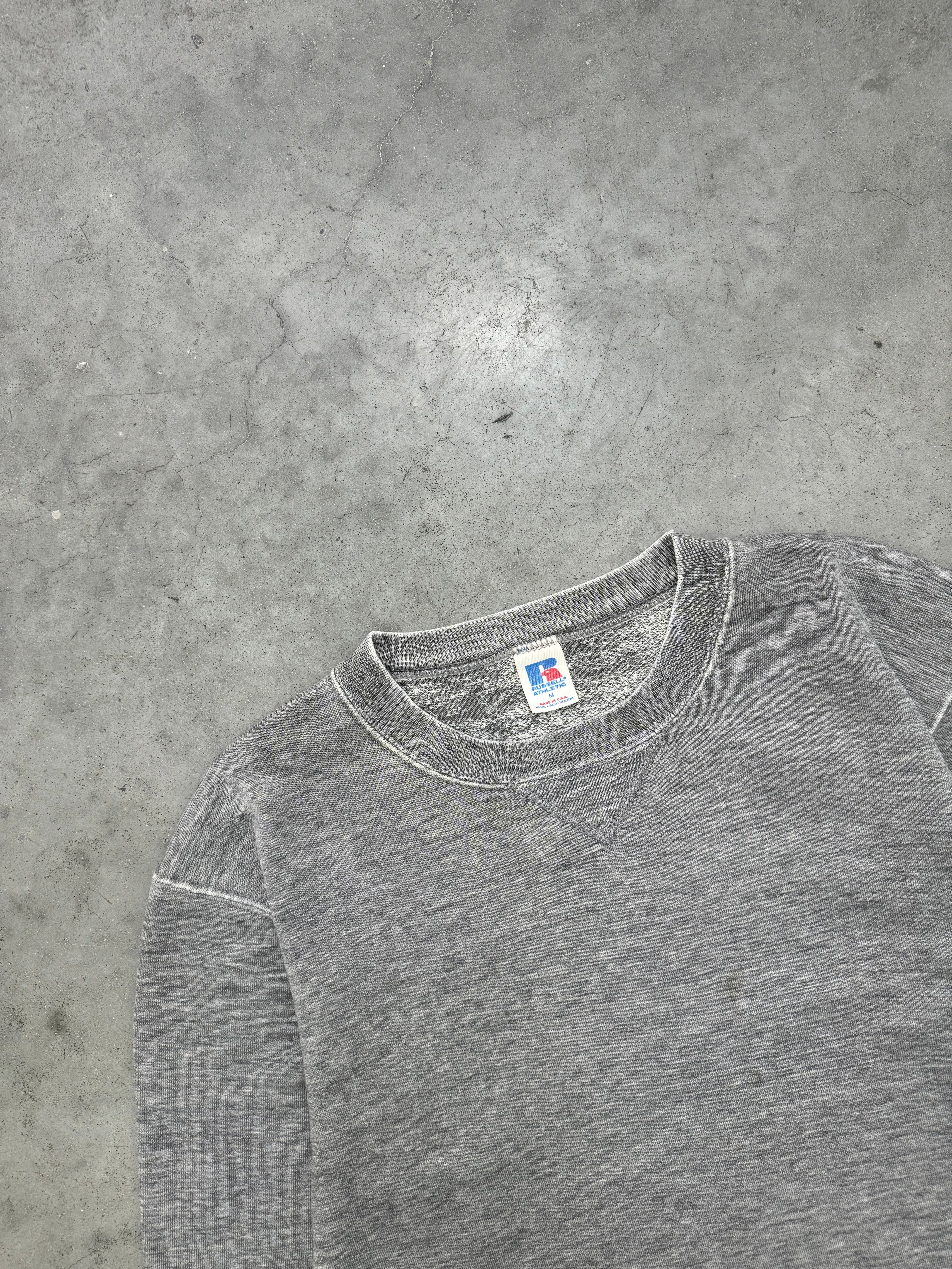 FADED HEATHER GREY & DISTRESSED RUSSELL CREWNECK - 1980S