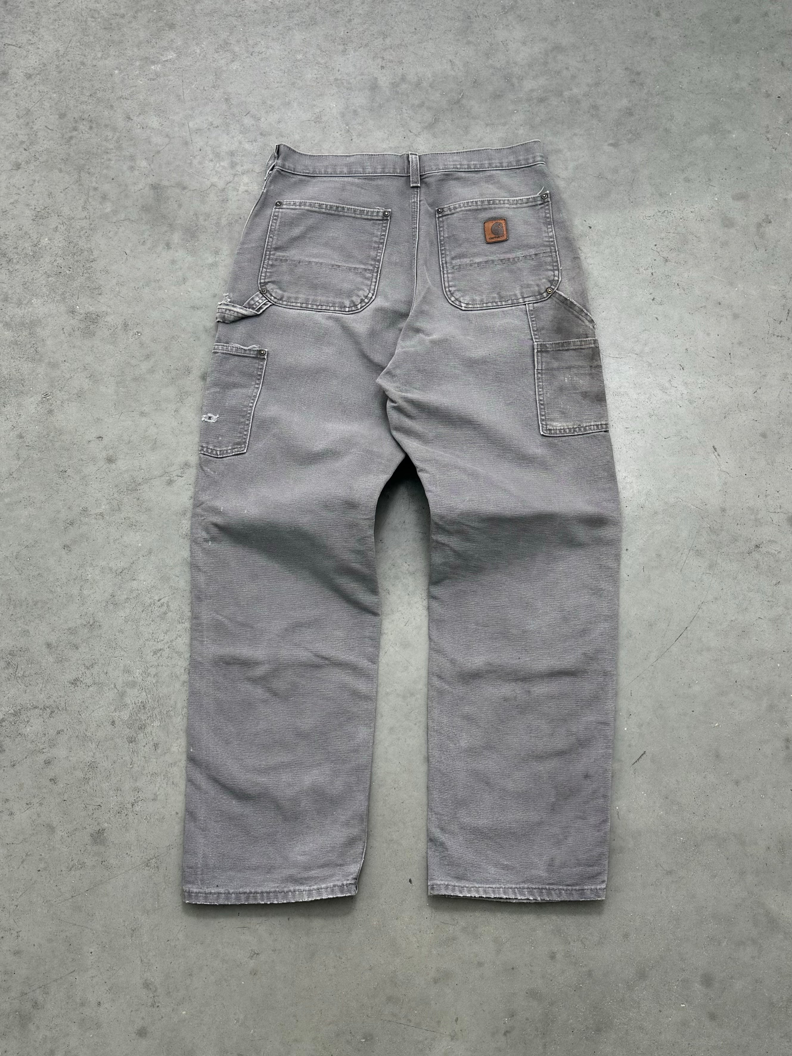 DISTRESSED FADED CEMENT GREY CARHARTT DOUBLE KNEE PANTS - 2000S