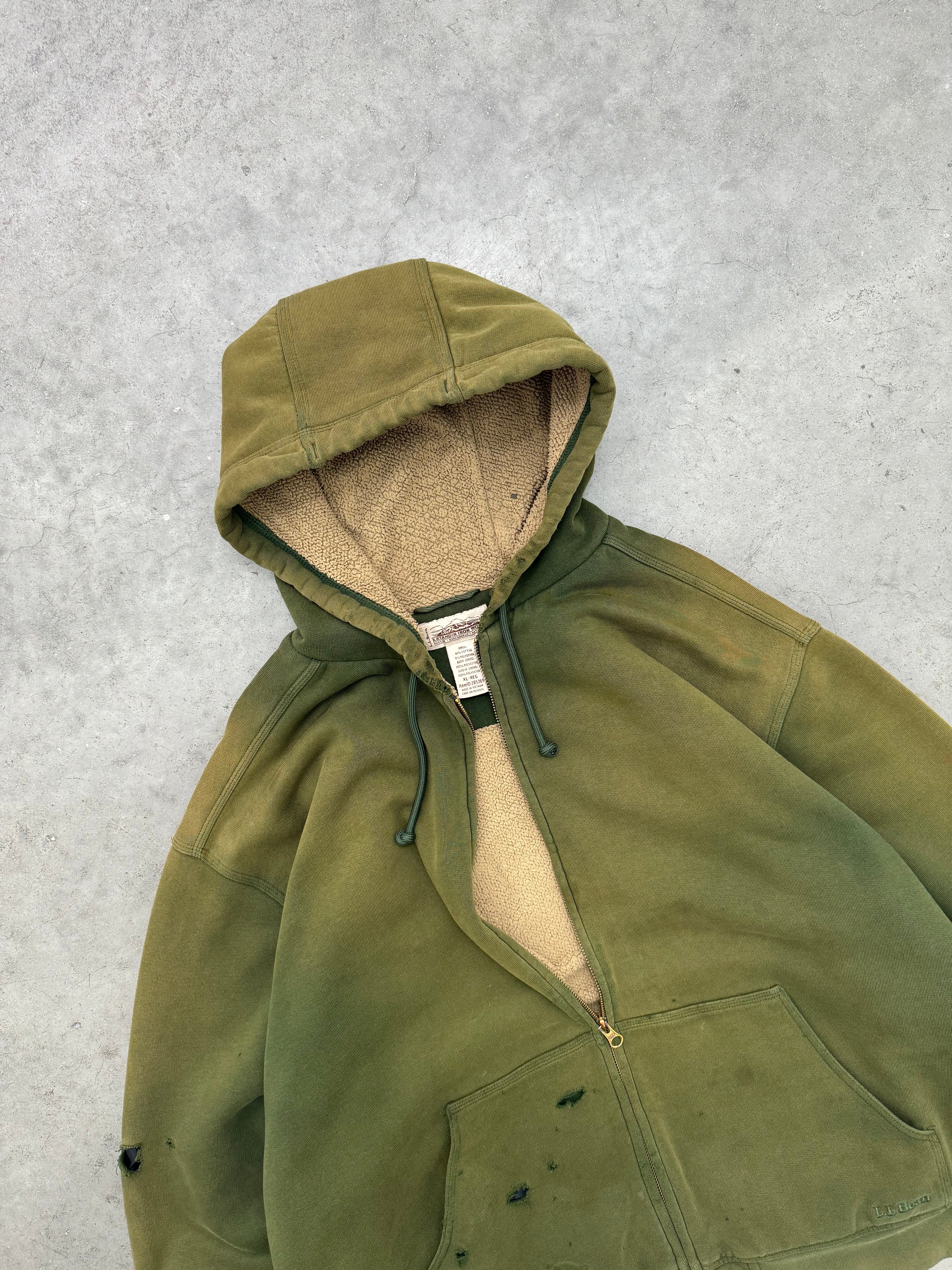DISTRESSED SUN FADED OLIVE REVERSE PILE ZIP-UP HOODIE - 2000S